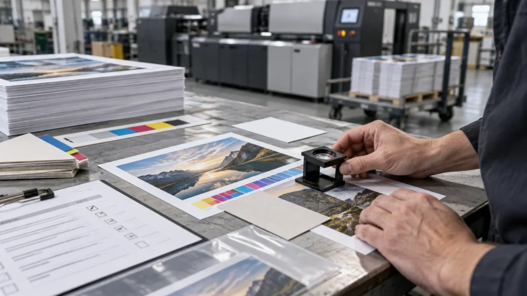 Print-production worker inspecting color proofs with a loupe on a worktable beside paper samples, a checklist, stacked printed sheets, and a large digital press.