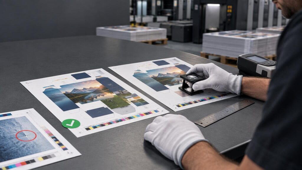 Print inspector in white gloves examines a color proof with a loupe on a production-floor worktable, beside color bars, a ruler, and stacked printed sheets.