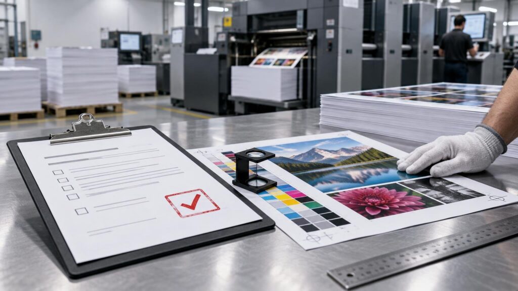 Print production worker in white gloves inspects a color proof with a loupe beside a checklist clipboard, stacks of printed sheets, and large commercial printing presses.