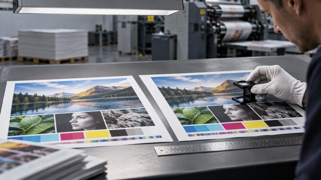 Print operator wearing a white glove inspects two color proof sheets with a loupe on a pressroom table, with printing equipment and paper stacks in the background.