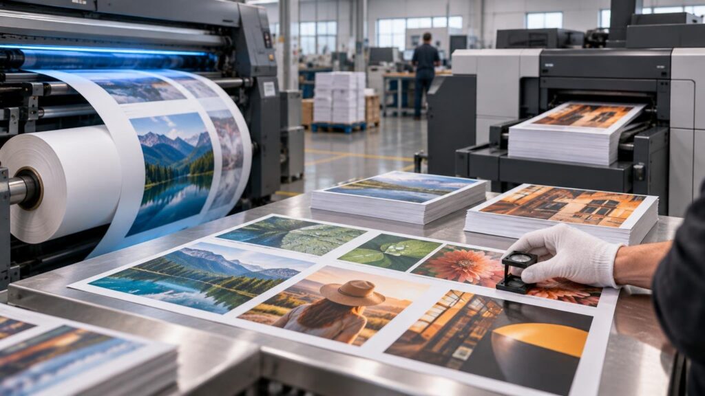 Commercial print floor with a large roll-fed press, a sheet-fed digital press, stacks of color photo prints, and a gloved operator inspecting a printed sheet with a loupe.