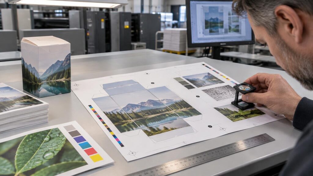 Print-production worker uses a loupe to inspect a packaging proof with color bars, dieline marks, and landscape imagery on a worktable beside sample prints, a ruler, and press equipment.