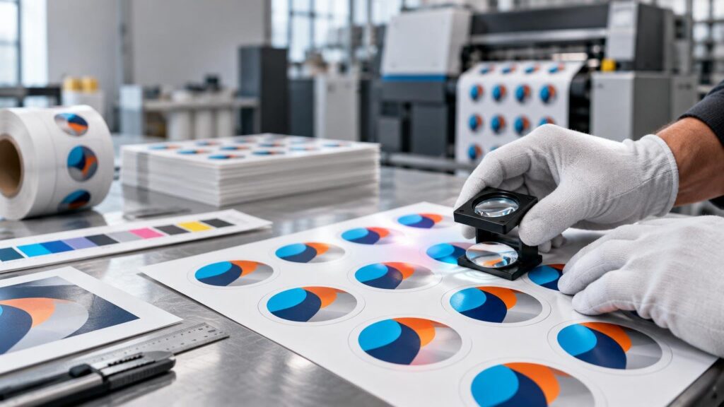 Gloved print worker inspects a sheet of circular blue, orange, and navy stickers with a folding loupe beside a color test strip, ruler, label roll, stacked sheets, and printing press.